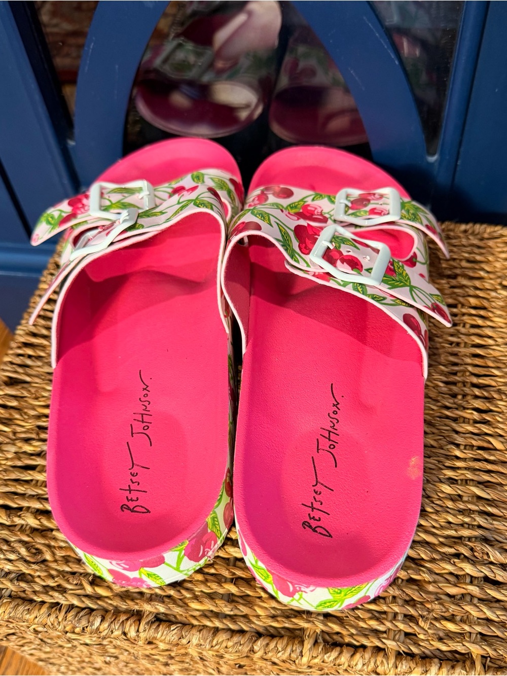 Betsey Johnson Pink Cherry Print Slide Sandals with White Buckles - Picture 3 of 3